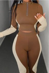 Fashion Two Pieces Activewear with Long Sleeve Crop Top with High Waist Leggings (Color: brown, size: L)