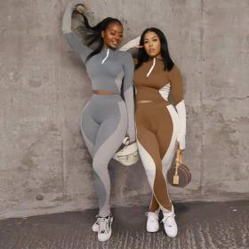 Fashion Two Pieces Activewear with Long Sleeve Crop Top with High Waist Leggings (Color: Grey, size: M)