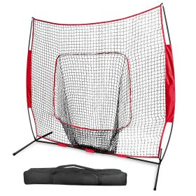 7x7ft Baseball Softball Teeball Practice Net Batting Hitting Pitching Training Net With Bow Frame Carrying Bag For Solo Team Training (Color: Red)